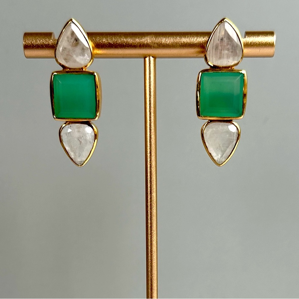NEW Geometric Stud Earrings Moonstone/Green Chalcedony 14K Gold